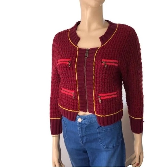 NWOT 100%WOOL FREE PEOPLE ZIP KNIT CARDIGAN BURGUNDY RED TRENDING WE THE FREE - Picture 1 of 8
